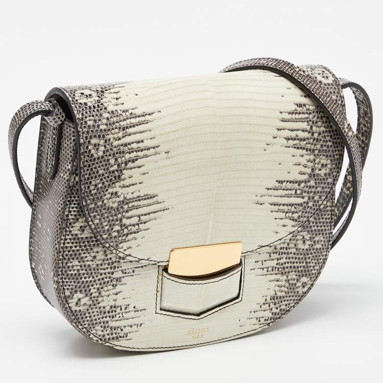Pre Owned Celine Cream/Black Lizard Small Trotteur Crossbody Bag