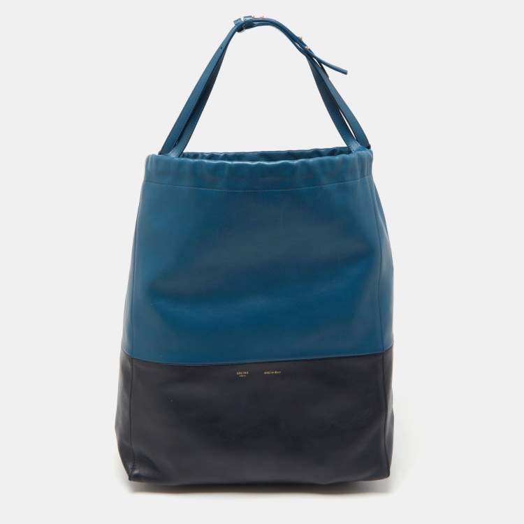 Pre Owned Celine Two Tone Blue Leather Cabas Drawstring Tote