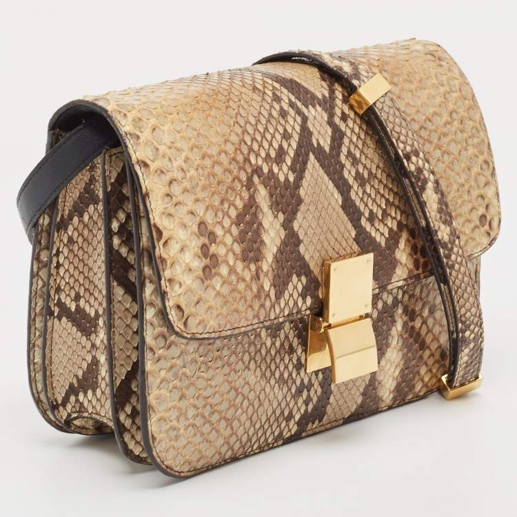 Pre Owned Celine Beige/Grey Python Medium Classic Box Shoulder Bag