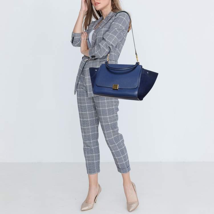 Pre Owned Celine Blue Leather and Suede Medium Trapeze Bag