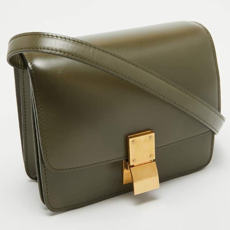 Pre Owned Celine Olive Green Leather Small Classic Box Flap Bag