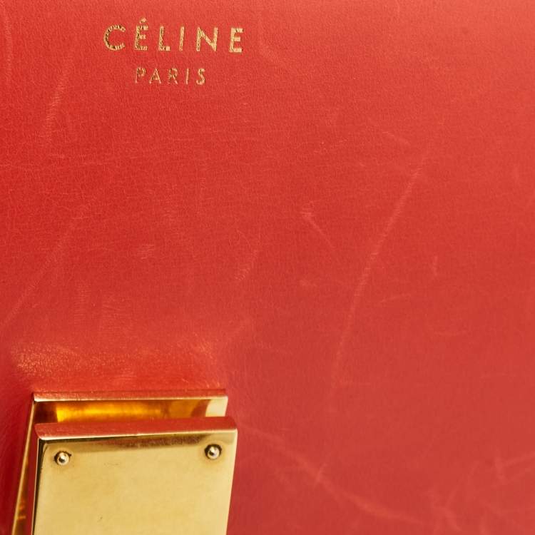 Pre Owned Celine Coral Red Leather Medium Classic Box Shoulder Bag