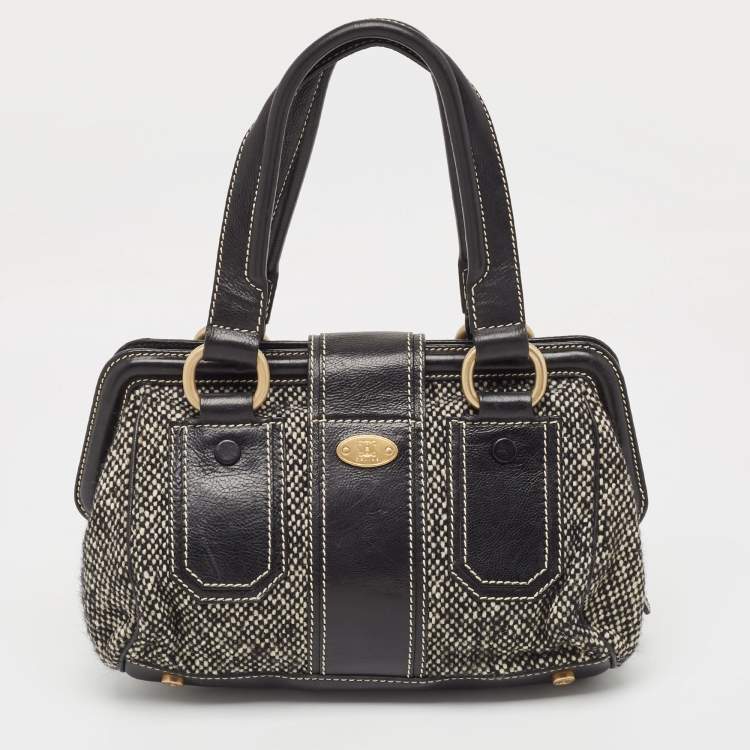 Pre Owned Celine Black/Grey Wool and Leather Ella Frame Bag