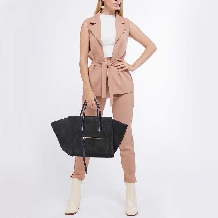 Pre Owned Celine Dark Grey/Dark Blue Suede and Leather Medium Phantom Luggage Tote