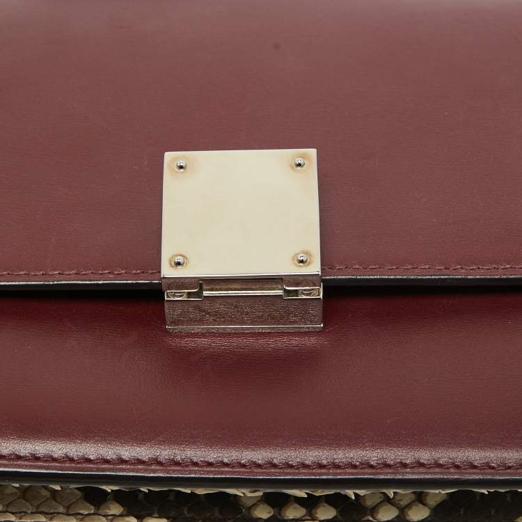 Pre Owned Celine Burgundy/Brown Leather and Python Classic Box Shoulder Bag