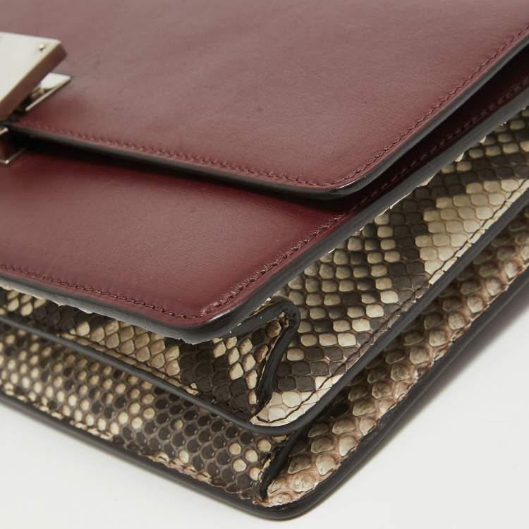 Pre Owned Celine Burgundy/Brown Leather and Python Classic Box Shoulder Bag