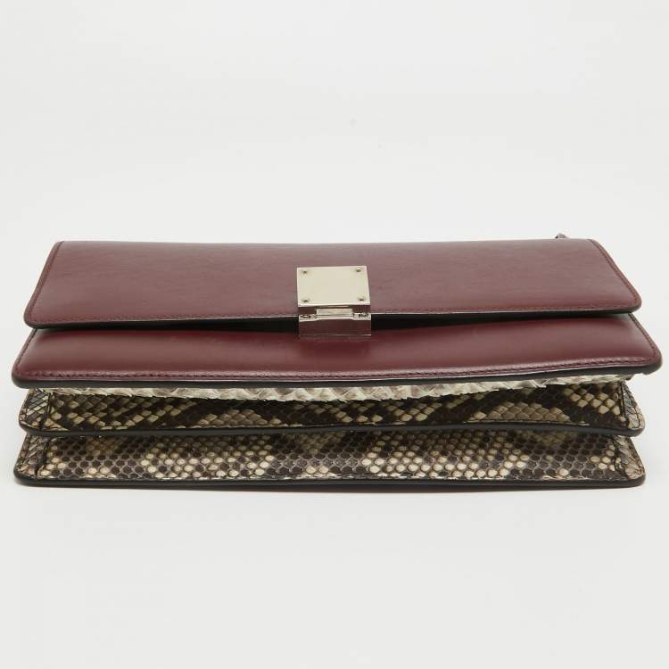 Pre Owned Celine Burgundy/Brown Leather and Python Classic Box Shoulder Bag
