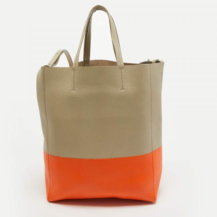 Pre Owned Celine Beige/Orange Leather Small Vertical Cabas Tote