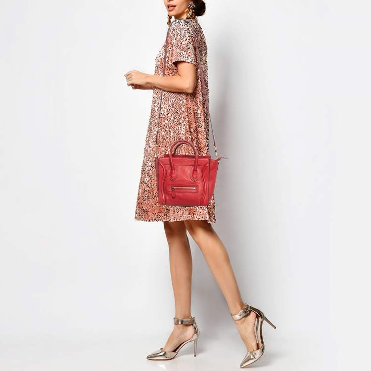 Pre Owned Celine Red Leather Nano Luggage Tote