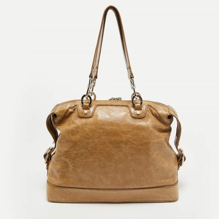 Pre Owned Celine Beige Crinkled Patent Leather Macadam Logo Bag