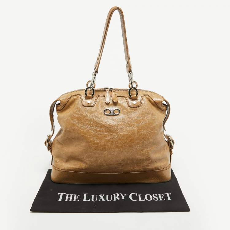 Pre Owned Celine Beige Crinkled Patent Leather Macadam Logo Bag