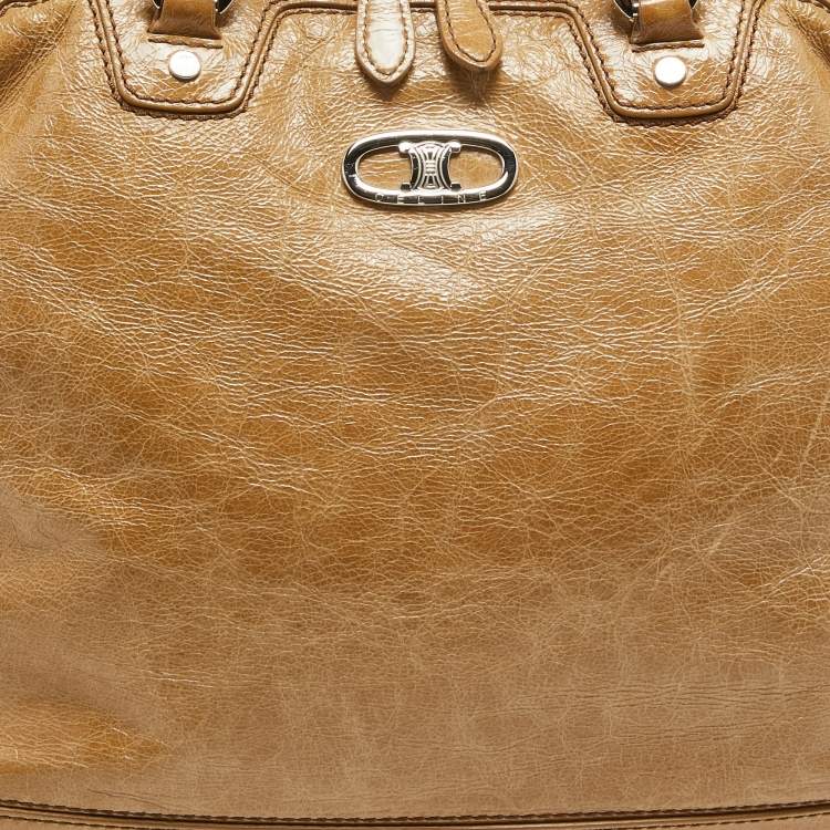 Pre Owned Celine Beige Crinkled Patent Leather Macadam Logo Bag