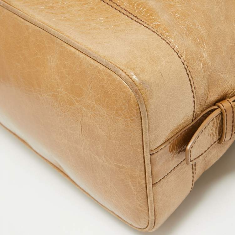 Pre Owned Celine Beige Crinkled Patent Leather Macadam Logo Bag