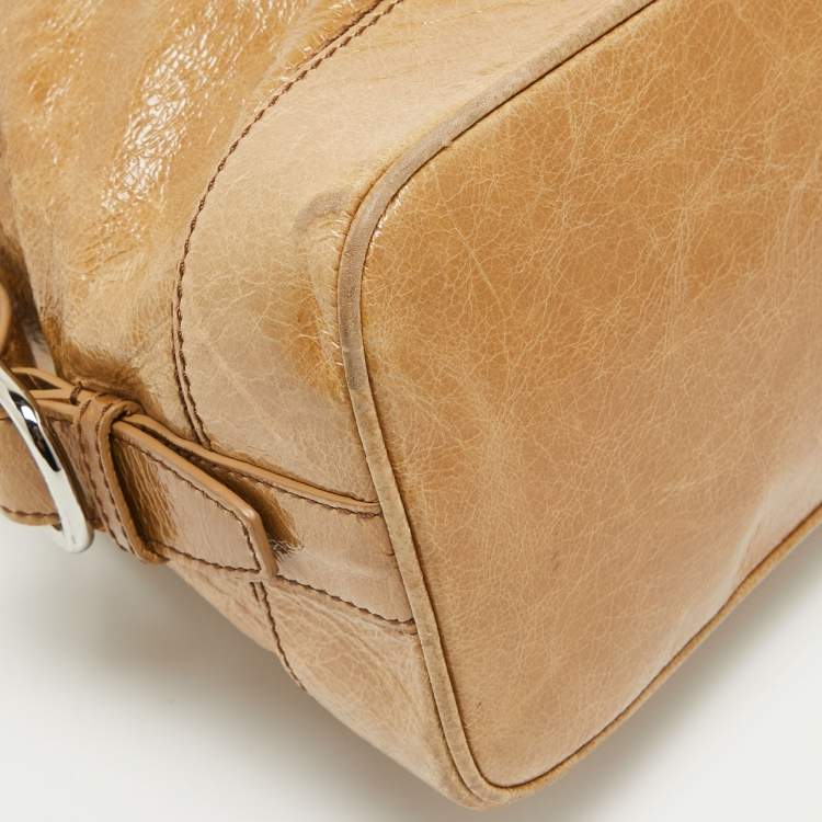 Pre Owned Celine Beige Crinkled Patent Leather Macadam Logo Bag