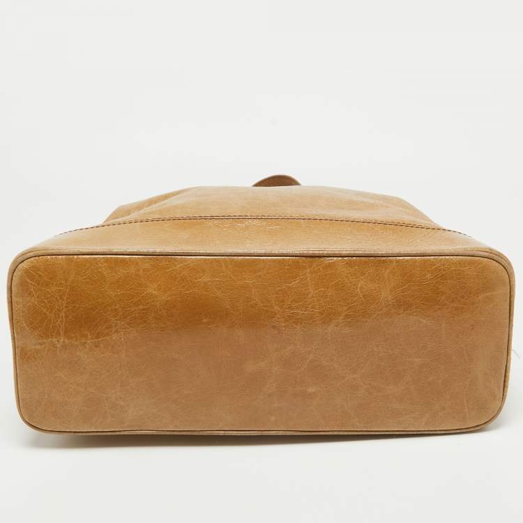 Pre Owned Celine Beige Crinkled Patent Leather Macadam Logo Bag