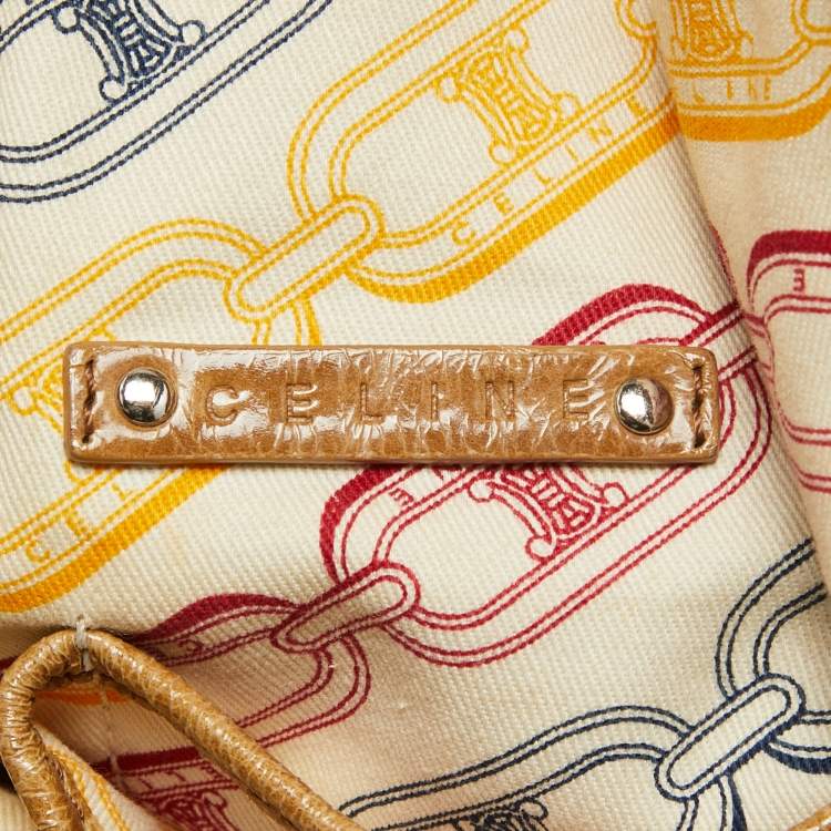 Pre Owned Celine Beige Crinkled Patent Leather Macadam Logo Bag