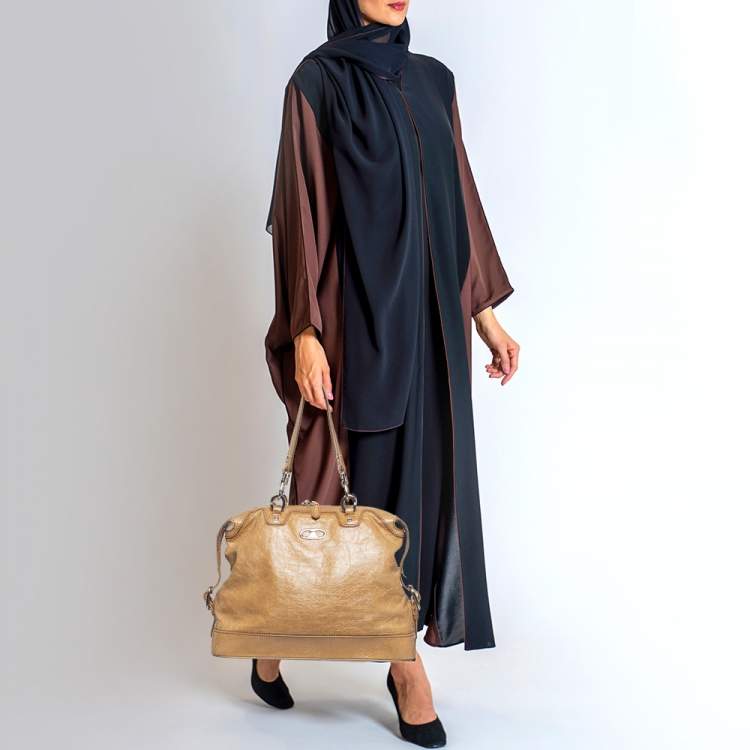 Pre Owned Celine Beige Crinkled Patent Leather Macadam Logo Bag