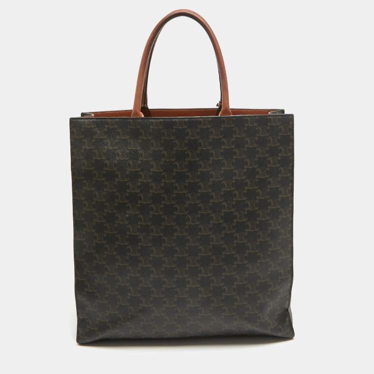 Pre Owned Celine Dark Brown Triomphe Coated Canvas and Leather Medium Vertical Cabas Tote