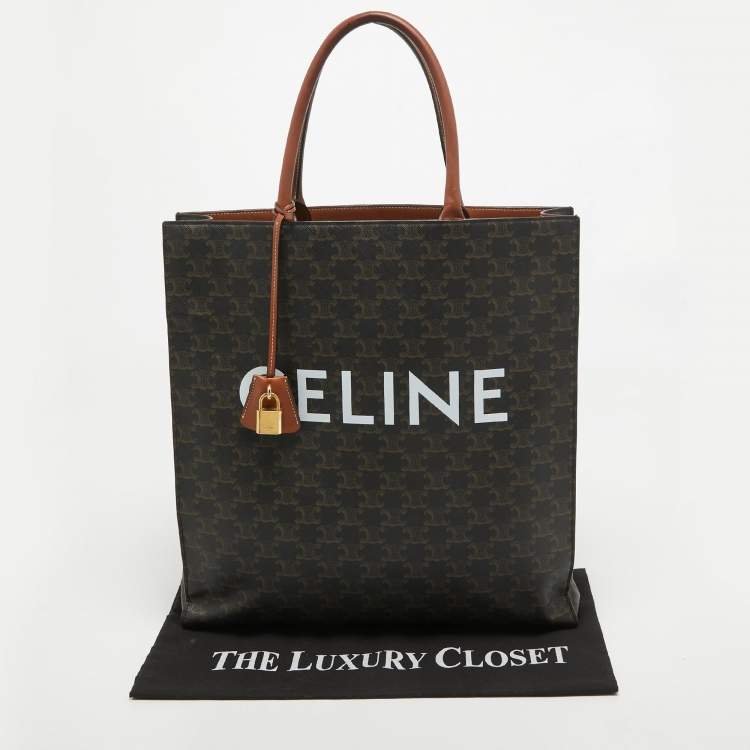 Pre Owned Celine Dark Brown Triomphe Coated Canvas and Leather Medium Vertical Cabas Tote