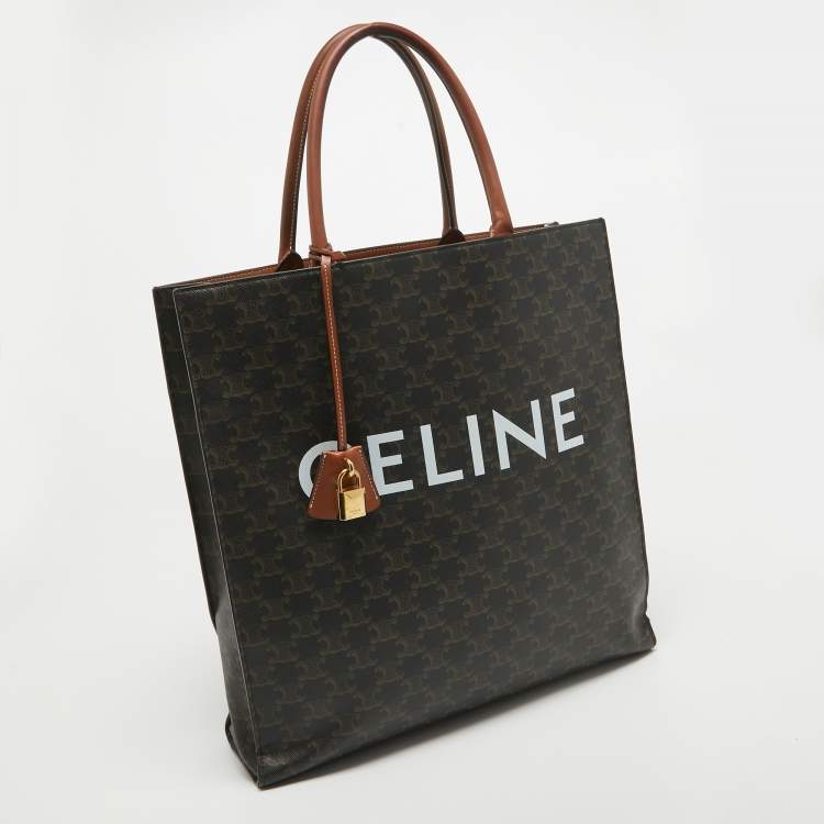 Pre Owned Celine Dark Brown Triomphe Coated Canvas and Leather Medium Vertical Cabas Tote
