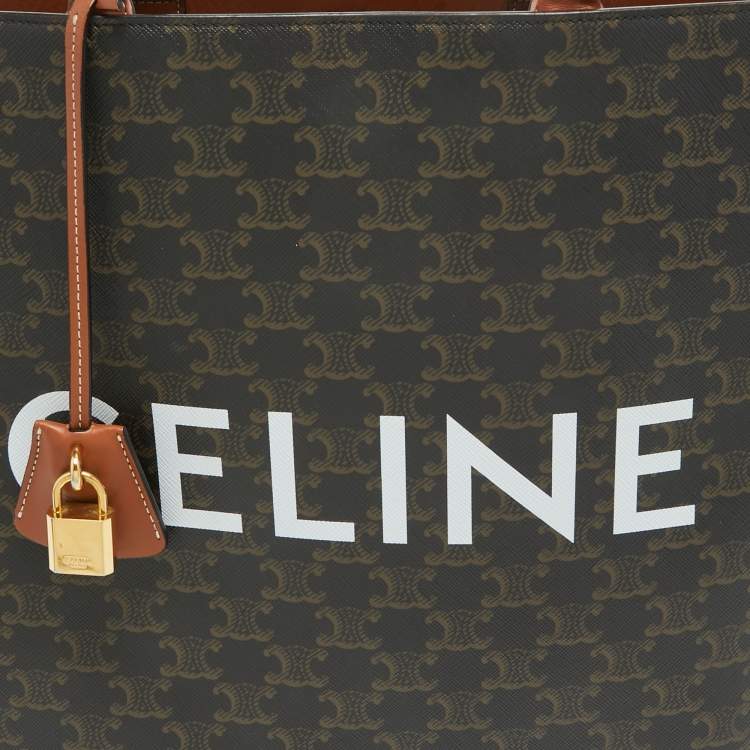 Pre Owned Celine Dark Brown Triomphe Coated Canvas and Leather Medium Vertical Cabas Tote