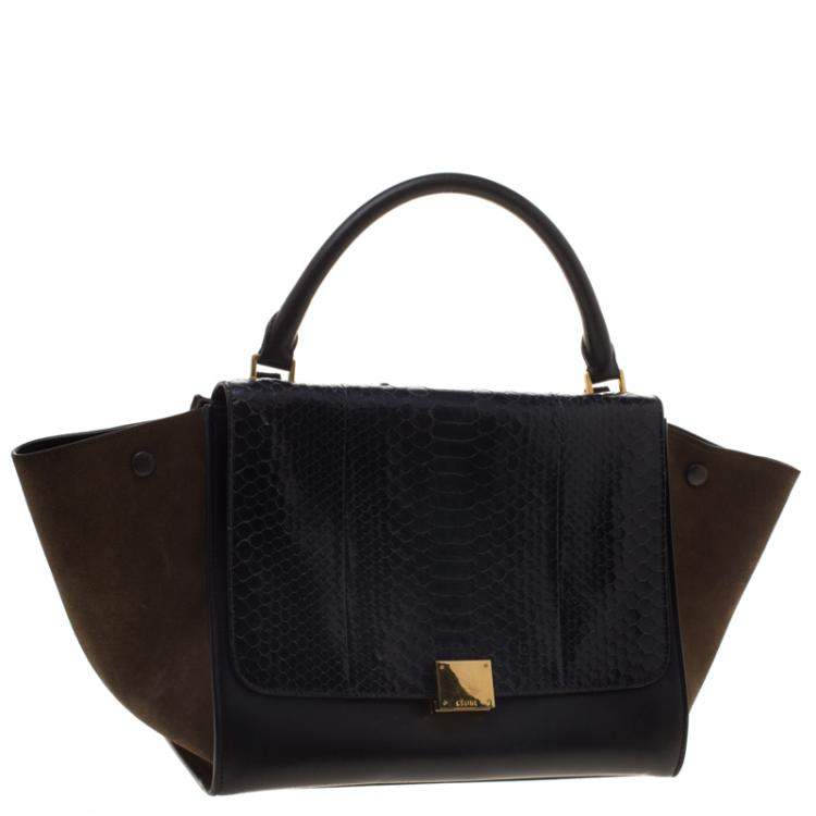 Pre Owned Celine Black/Brown Python/Leather and Suede Medium Trapeze Bag