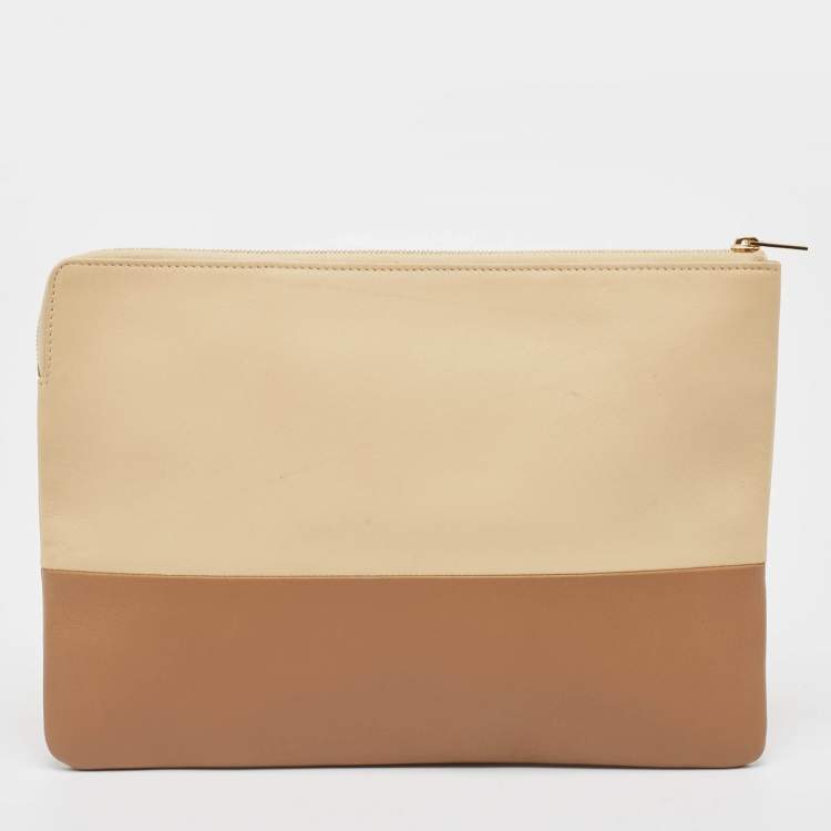 Pre Owned Celine Beige/Brown Leather Color Block Zip Pouch