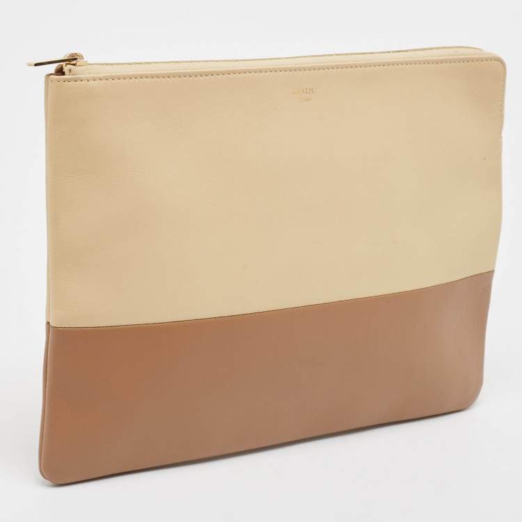Pre Owned Celine Beige/Brown Leather Color Block Zip Pouch