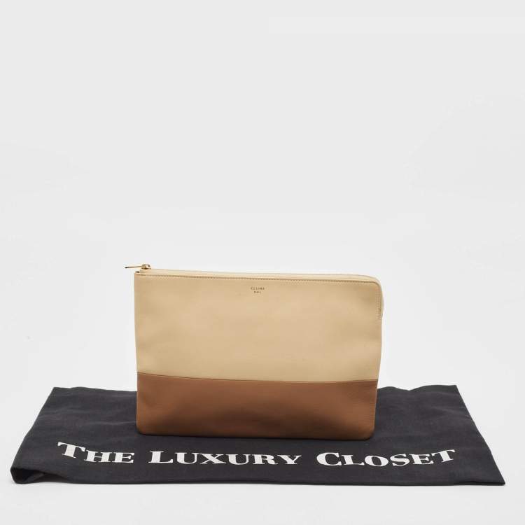Pre Owned Celine Beige/Brown Leather Color Block Zip Pouch