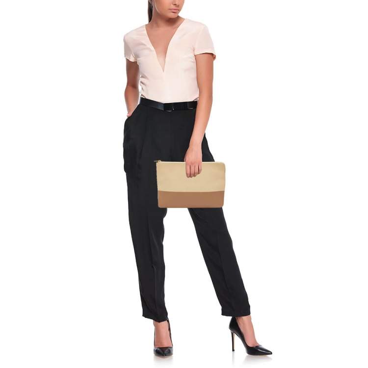 Pre Owned Celine Beige/Brown Leather Color Block Zip Pouch
