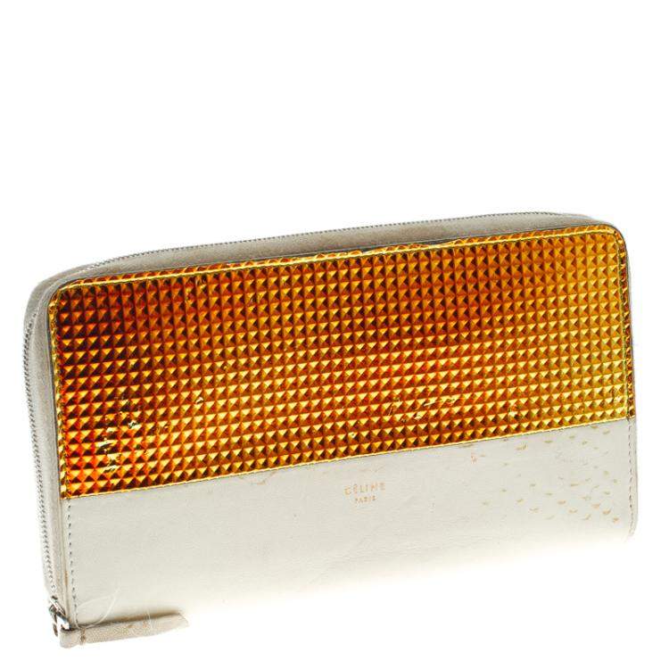 Pre Owned Celine Off White Leather Holographic Zip Up Wallet