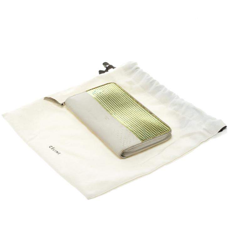 Pre Owned Celine Off White Leather Holographic Zip Up Wallet