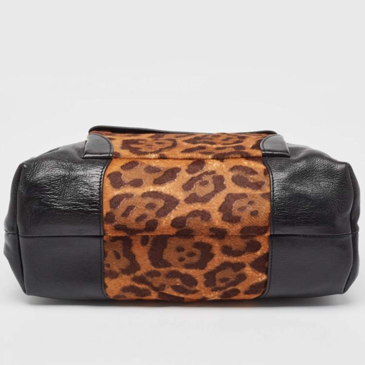 Pre Owned Celine Black/Brown Leopard Print Calf Hair and  Leather Boogie Satchel