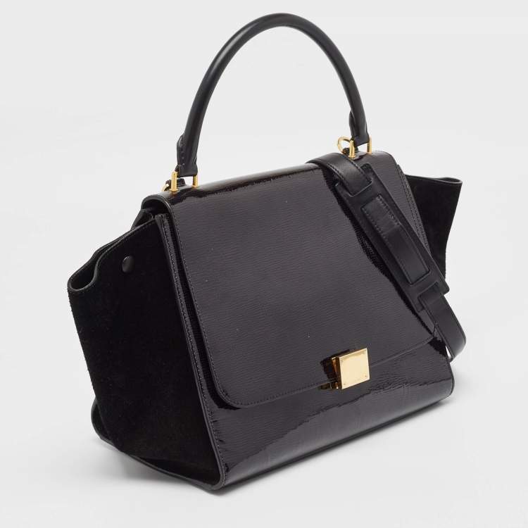 Pre Owned Celine Black Patent Leather and Suede Medium Trapeze Bag