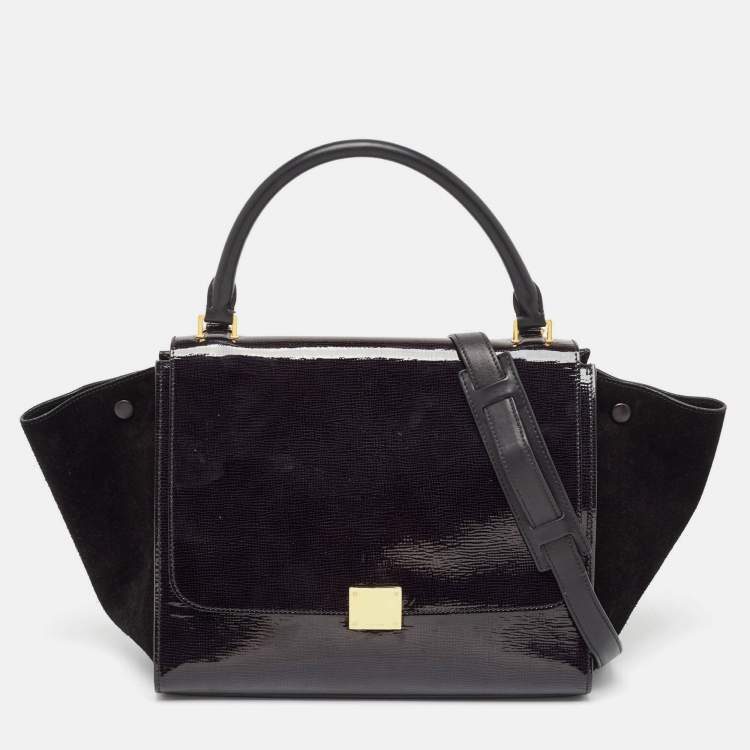 Pre Owned Celine Black Patent Leather and Suede Medium Trapeze Bag
