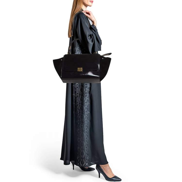 Pre Owned Celine Black Patent Leather and Suede Medium Trapeze Bag