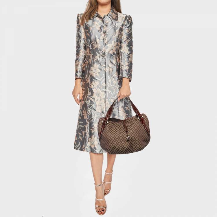 Pre Owned Celine Dark Brown Macadam Fabric and Croc Embossed Leather Bittersweet Hobo