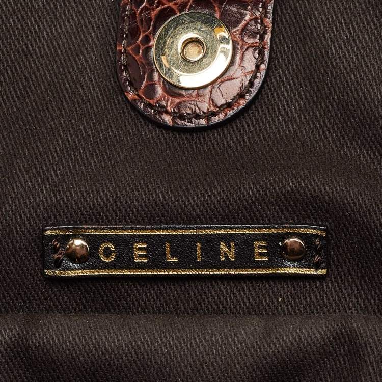 Pre Owned Celine Dark Brown Macadam Fabric and Croc Embossed Leather Bittersweet Hobo