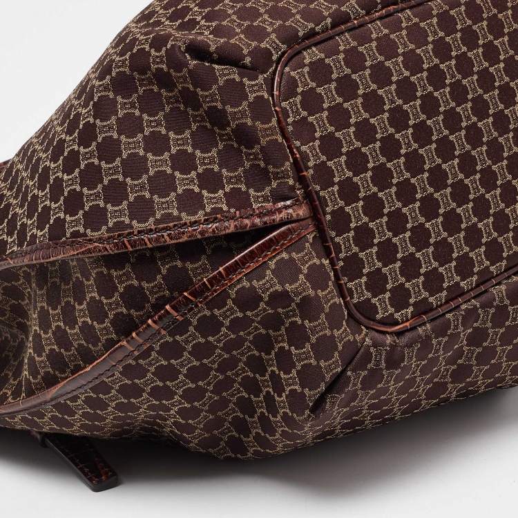 Pre Owned Celine Dark Brown Macadam Fabric and Croc Embossed Leather Bittersweet Hobo