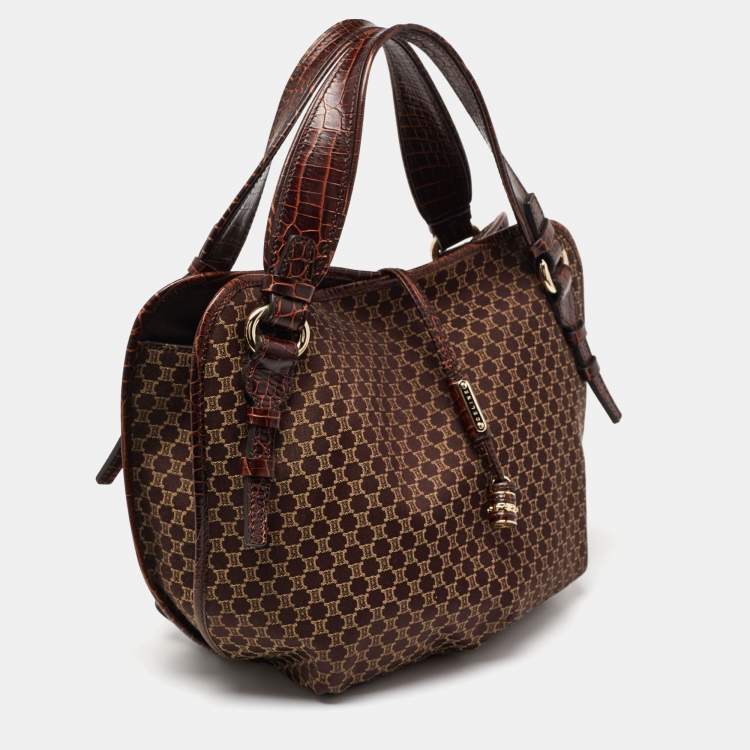 Pre Owned Celine Dark Brown Macadam Fabric and Croc Embossed Leather Bittersweet Hobo