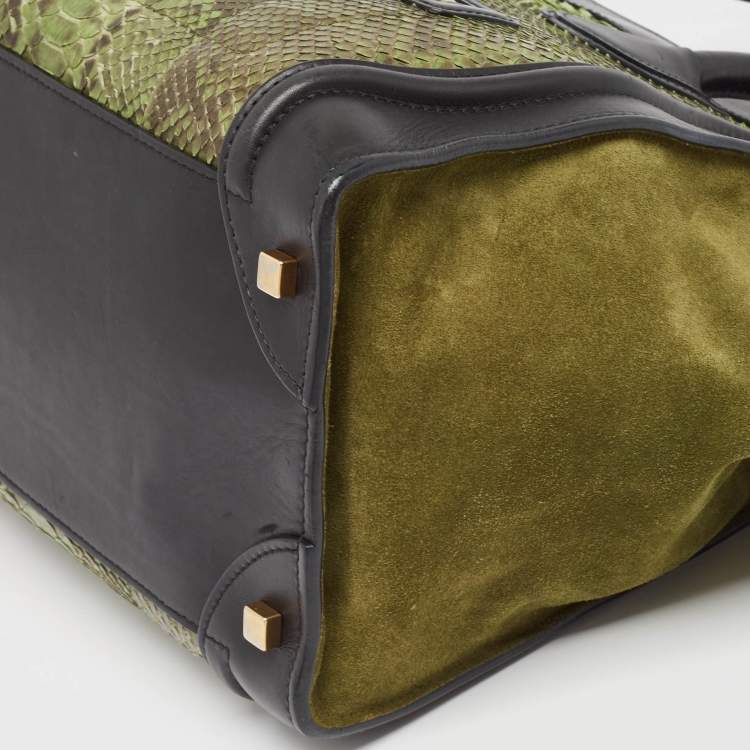 Pre Owned Celine Black/Green Python and Leather/Suede Mini Luggage Tote
