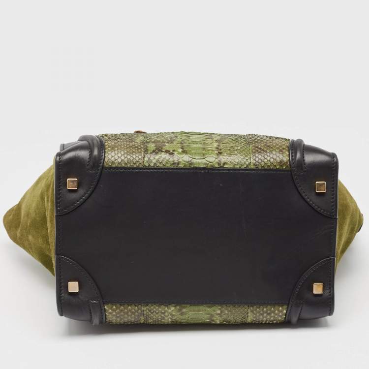 Pre Owned Celine Black/Green Python and Leather/Suede Mini Luggage Tote