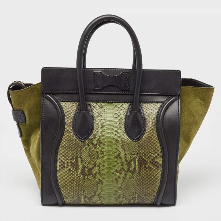 Pre Owned Celine Black/Green Python and Leather/Suede Mini Luggage Tote