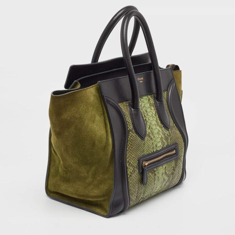 Pre Owned Celine Black/Green Python and Leather/Suede Mini Luggage Tote