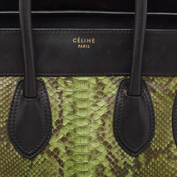 Pre Owned Celine Black/Green Python and Leather/Suede Mini Luggage Tote