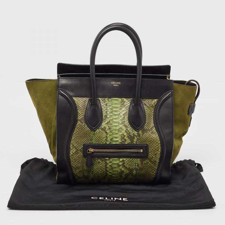 Pre Owned Celine Black/Green Python and Leather/Suede Mini Luggage Tote
