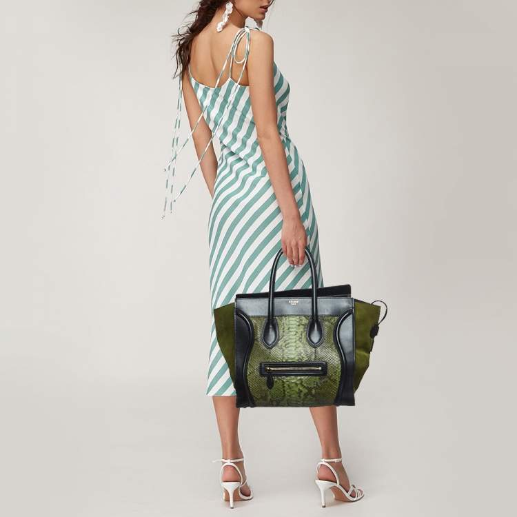 Pre Owned Celine Black/Green Python and Leather/Suede Mini Luggage Tote