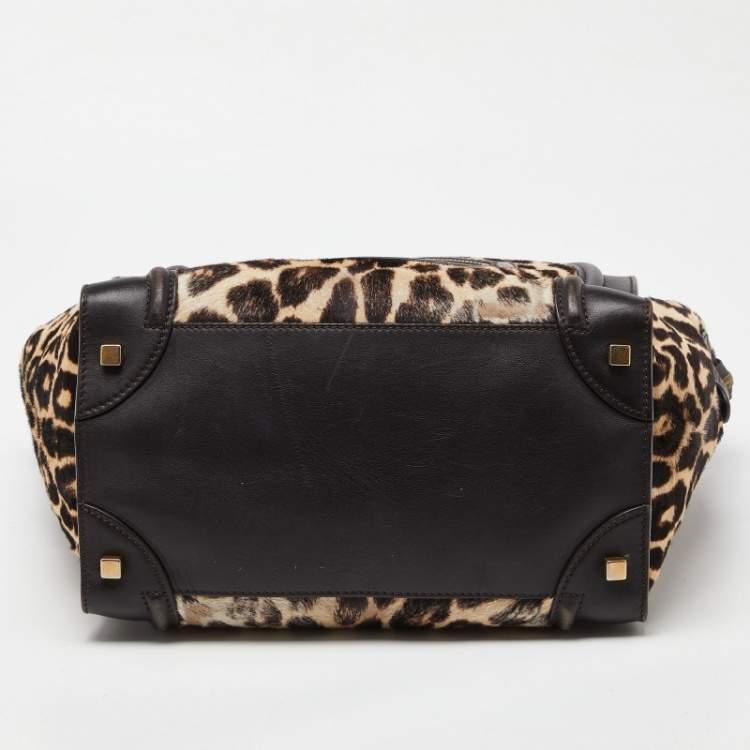 Pre Owned Celine Brown Leopard Print Calfhair and Leather Mini Luggage Tote