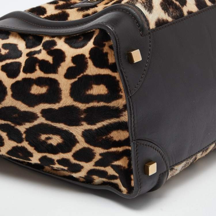 Pre Owned Celine Brown Leopard Print Calfhair and Leather Mini Luggage Tote