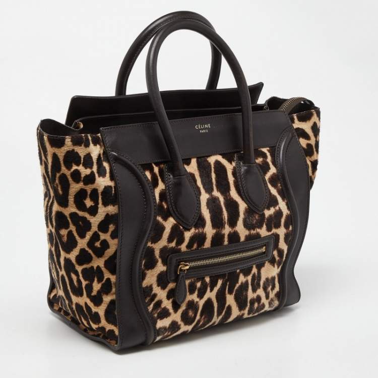 Pre Owned Celine Brown Leopard Print Calfhair and Leather Mini Luggage Tote